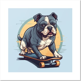 American bully on skatboard blue tone Posters and Art